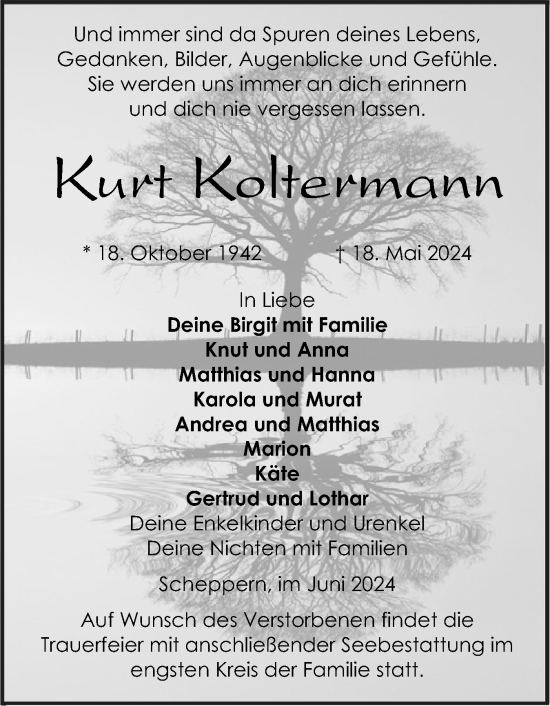 Traueranzeige von Kurt Koltermann von Schleswig-Holsteinische Landeszeitung