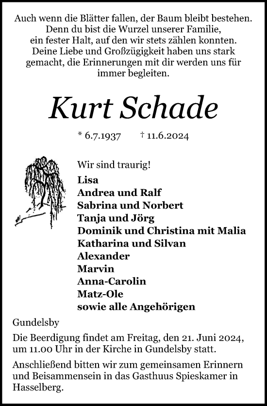 Traueranzeige von Kurt Schade von Schleswiger Nachrichten, Schlei-Bote