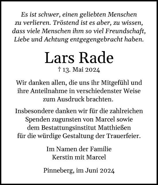 Traueranzeige von Lars Rade von Region Pinneberg und tip Pinneberg