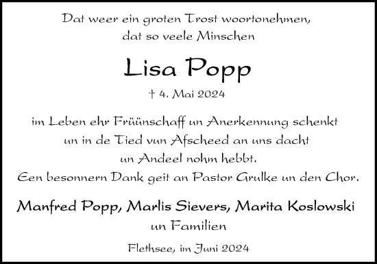 Traueranzeige von Lisa Popp von Norddeutsche Rundschau, Wilstersche Zeitung, Glückstädter Fortuna