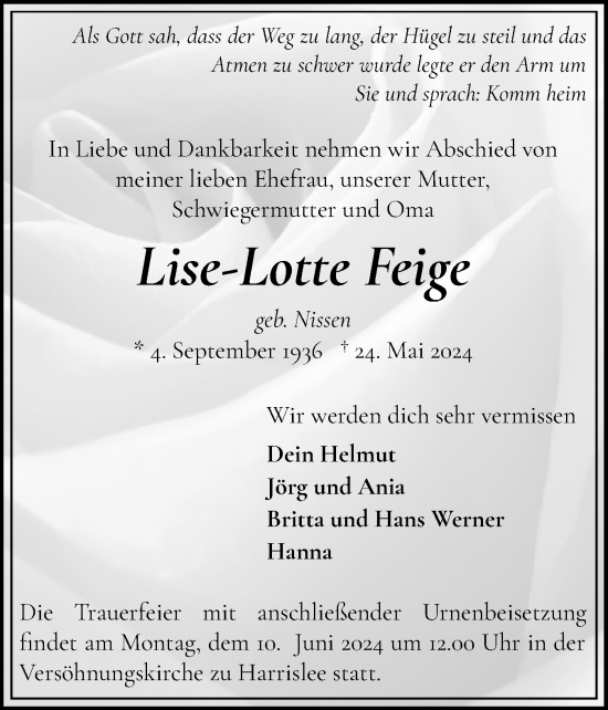 Traueranzeige von Lise-Lotte Feige von Flensburger Tageblatt