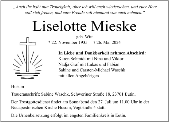 Traueranzeige von Liselotte Mieske von Husumer Nachrichten, Nordfriesland Tageblatt
