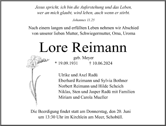 Traueranzeige von Lore Reimann von Husumer Nachrichten, Nordfriesland Tageblatt