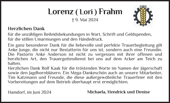 Traueranzeige von Lorenz Frahm von Schleswig-Holsteinische Landeszeitung