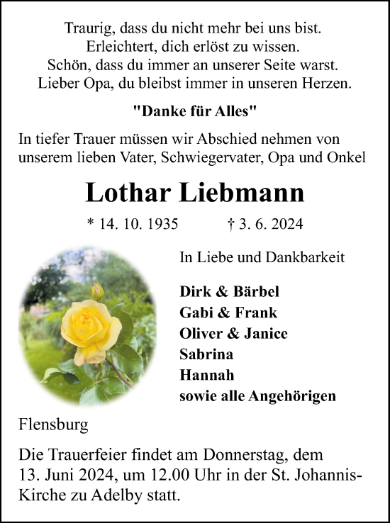 Traueranzeige von Lothar Liebmann von Flensburger Tageblatt