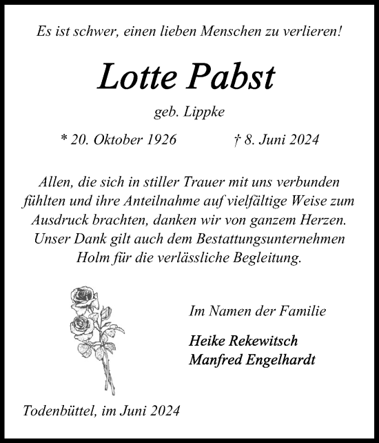 Traueranzeige von Lotte Pabst von Schleswig-Holsteinische Landeszeitung