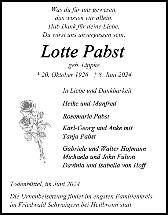 Traueranzeige von Lotte Pabst von Schleswig-Holsteinische Landeszeitung