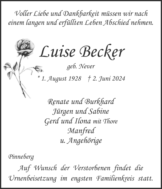 Traueranzeige von Luise Becker von Region Pinneberg und tip Pinneberg
