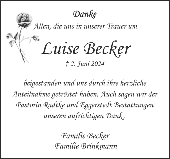 Traueranzeige von Luise Becker von Region Pinneberg und tip Pinneberg