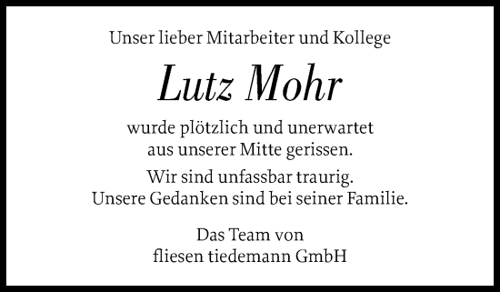 Traueranzeige von Lutz Mohr von Schleswig-Holsteinische Landeszeitung