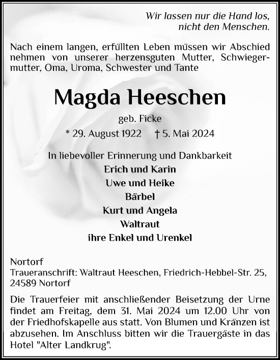 Traueranzeige von Magda Heeschen von Schleswig-Holsteinische Landeszeitung