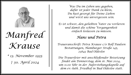 Traueranzeige von Manfred Krause von Stormaner Tageblatt