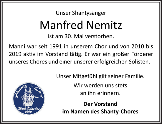 Traueranzeige von Manfred Nemitz von Stormaner Tageblatt
