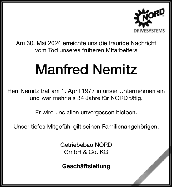 Traueranzeige von Manfred Nemitz von Stormaner Tageblatt