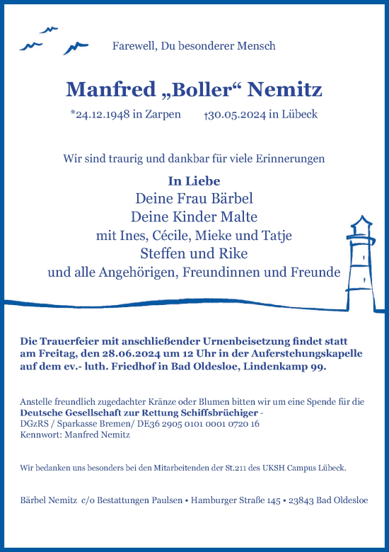 Traueranzeige von Manfred Nemitz von Stormaner Tageblatt