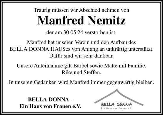 Traueranzeige von Manfred Nemitz von Stormaner Tageblatt
