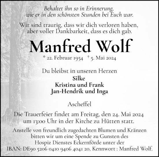 Traueranzeige von Manfred Wolf von Eckernförder Zeitung, Hallo Eckernförde