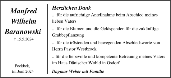 Traueranzeige von Manfred Wilhelm Baranowski von Schleswig-Holsteinische Landeszeitung