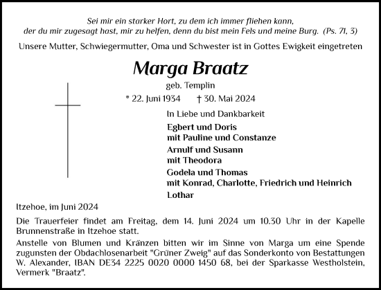 Traueranzeige von Marga Braatz von Norddeutsche Rundschau, Wilstersche Zeitung, Glückstädter Fortuna