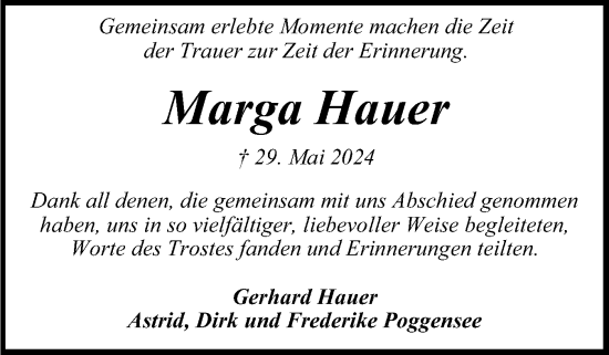 Traueranzeige von Marga Hauer von Holsteinischer Courier