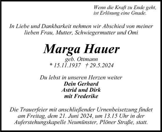 Traueranzeige von Marga Hauer von Holsteinischer Courier