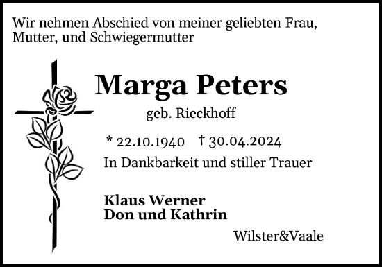 Traueranzeige von Marga Peters von Norddeutsche Rundschau, Wilstersche Zeitung, Glückstädter Fortuna