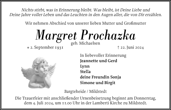 Traueranzeige von Margret Prochazka von Husumer Nachrichten, Nordfriesland Tageblatt
