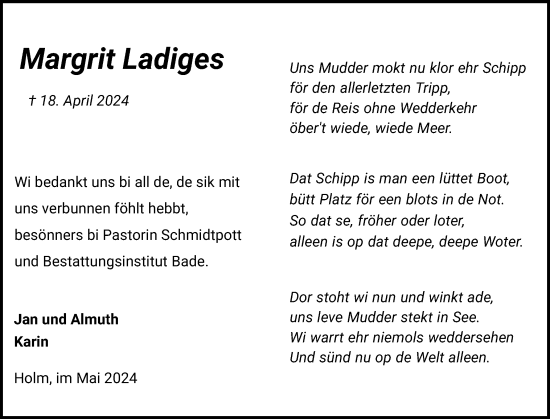 Traueranzeige von Margrit Ladiges von Uetersener Nachrichten, Der tip am Wochenende