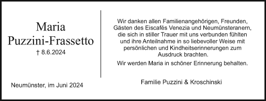 Traueranzeige von Maria Puzzini-Frassetto von Holsteinischer Courier