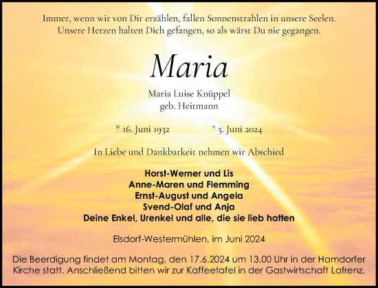 Traueranzeige von Maria Luise Knüppel von Schleswig-Holsteinische Landeszeitung