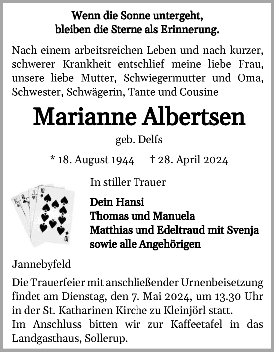 Traueranzeige von Marianne Albertsen von Region Flensburg