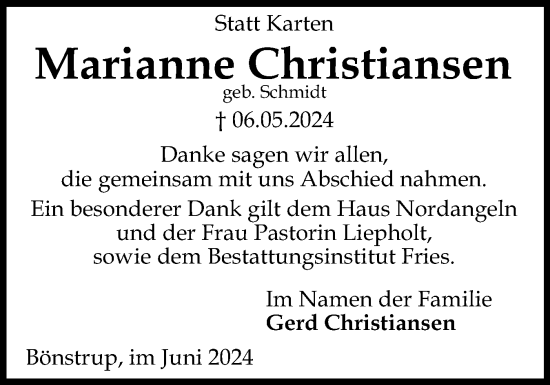 Traueranzeige von Marianne Christiansen von Flensburger Tageblatt