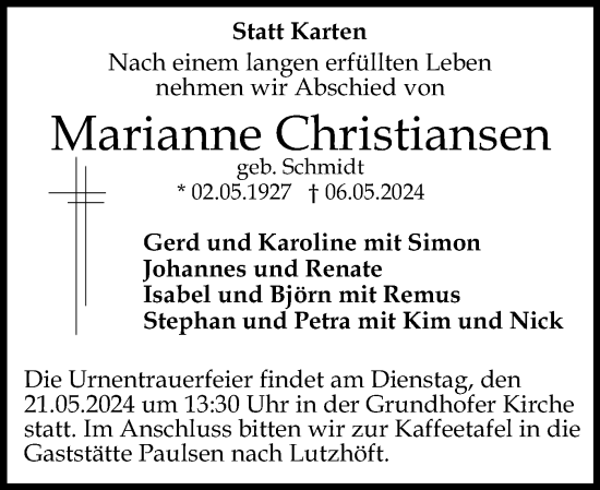 Traueranzeige von Marianne Christiansen von Flensburger Tageblatt