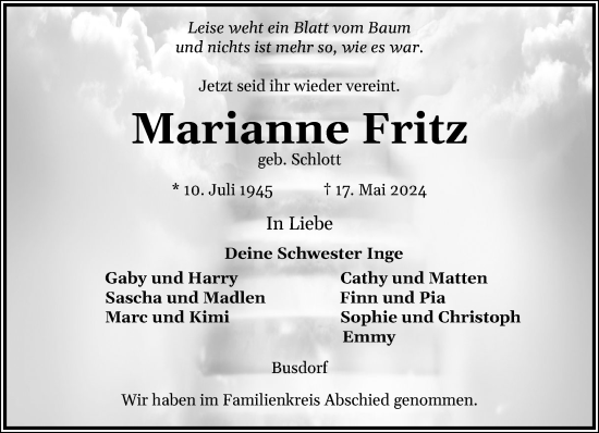 Traueranzeige von Marianne Fritz von Schleswiger Nachrichten, Schlei-Bote