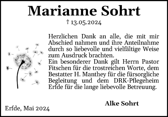 Traueranzeige von Marianne Sohrt von Schleswig-Holsteinische Landeszeitung