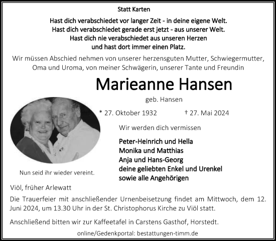 Traueranzeige von Marieanne Hansen von Husumer Nachrichten, Nordfriesland Tageblatt