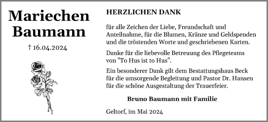 Traueranzeige von Mariechen Baumann von Schleswiger Nachrichten, Schlei-Bote