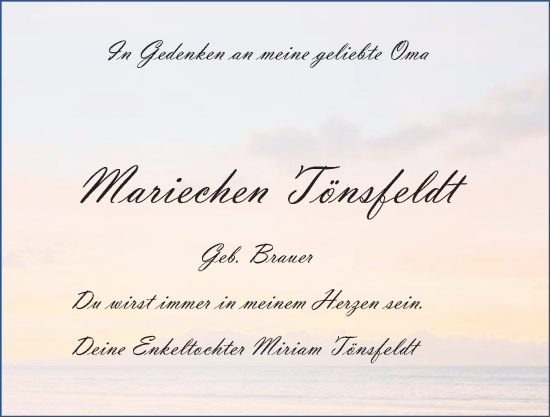 Traueranzeige von Mariechen Tönsfeldt von Husumer Nachrichten, Nordfriesland Tageblatt