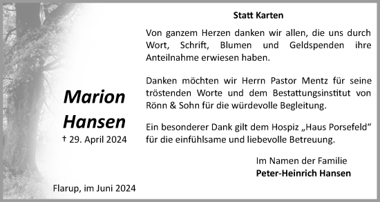Traueranzeige von Marion Hansen von Schleswiger Nachrichten, Schlei-Bote