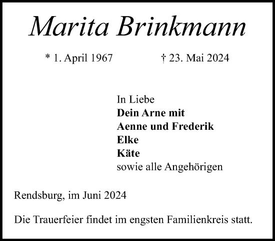 Traueranzeige von Marita Brinkmann von Schleswig-Holsteinische Landeszeitung