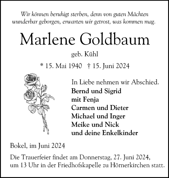 Traueranzeige von Marlene Goldbaum von Elmshorner Nachrichten, Barmstedter Zeitung