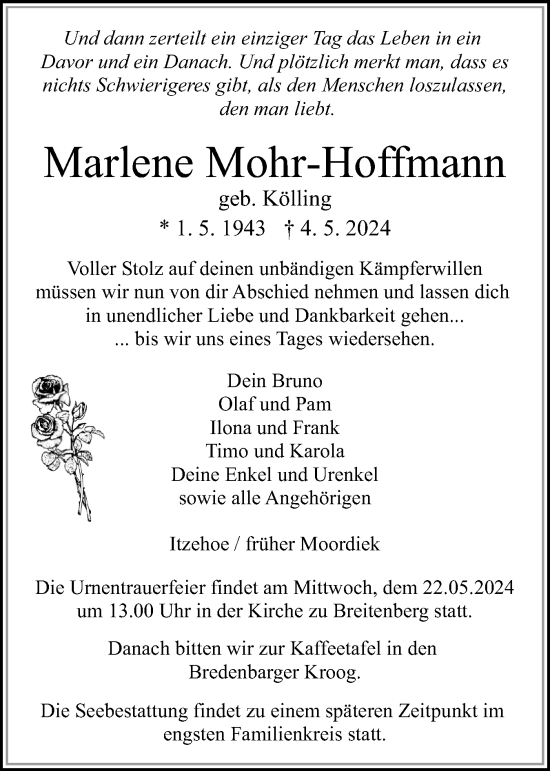 Traueranzeige von Marlene Mohr-Hoffmann von Norddeutsche Rundschau, Wilstersche Zeitung, Glückstädter Fortuna