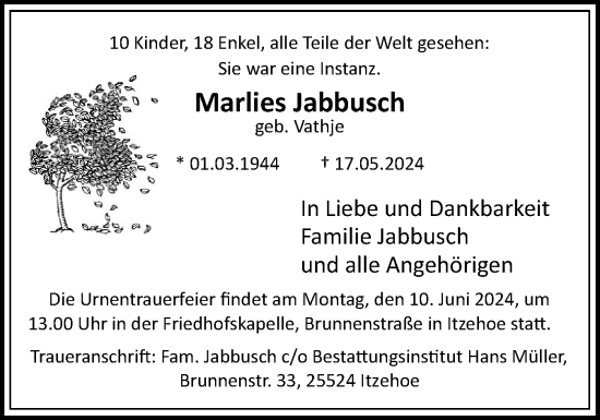 Traueranzeige von Marlies Jabbusch von Norddeutsche Rundschau, Wilstersche Zeitung, Glückstädter Fortuna