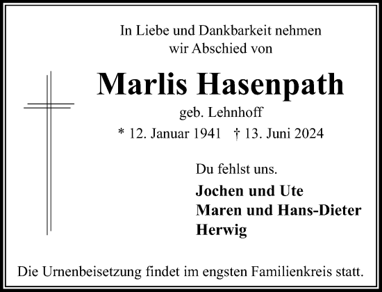 Traueranzeige von Marlis Hasenpath von Stormaner Tageblatt