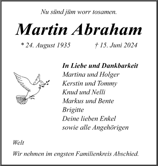 Traueranzeige von Martin Abraham von Husumer Nachrichten, Nordfriesland Tageblatt