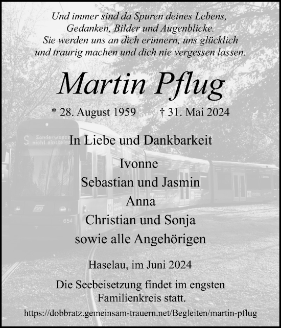 Traueranzeige von Martin Pflug von Uetersener Nachrichten, Der tip am Wochenende