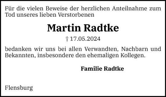 Traueranzeige von Martin Radtke von Flensburger Tageblatt