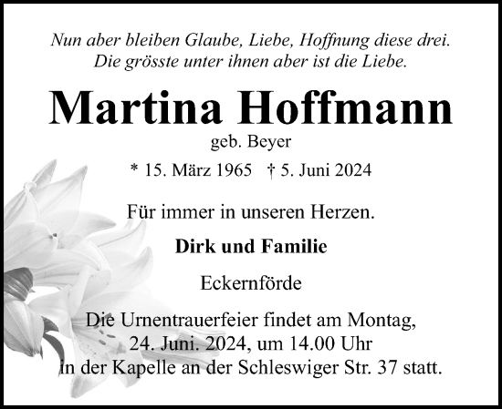 Traueranzeige von Martina Hoffmann von Eckernförder Zeitung, Hallo Eckernförde