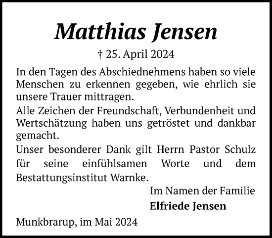 Traueranzeige von Matthias Jensen von Flensburger Tageblatt