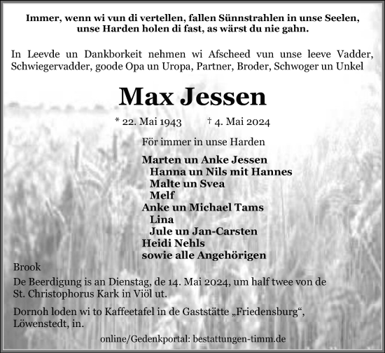 Traueranzeige von Max Jessen von Husumer Nachrichten, Nordfriesland Tageblatt
